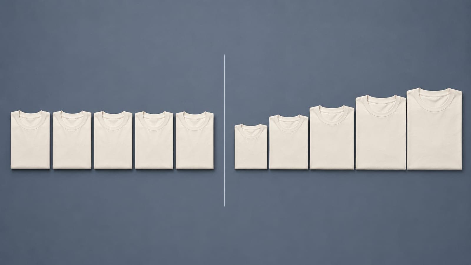 Left: five identically sized folded t-shirts. Right: five folded t-shirts stepping through five different sizes.