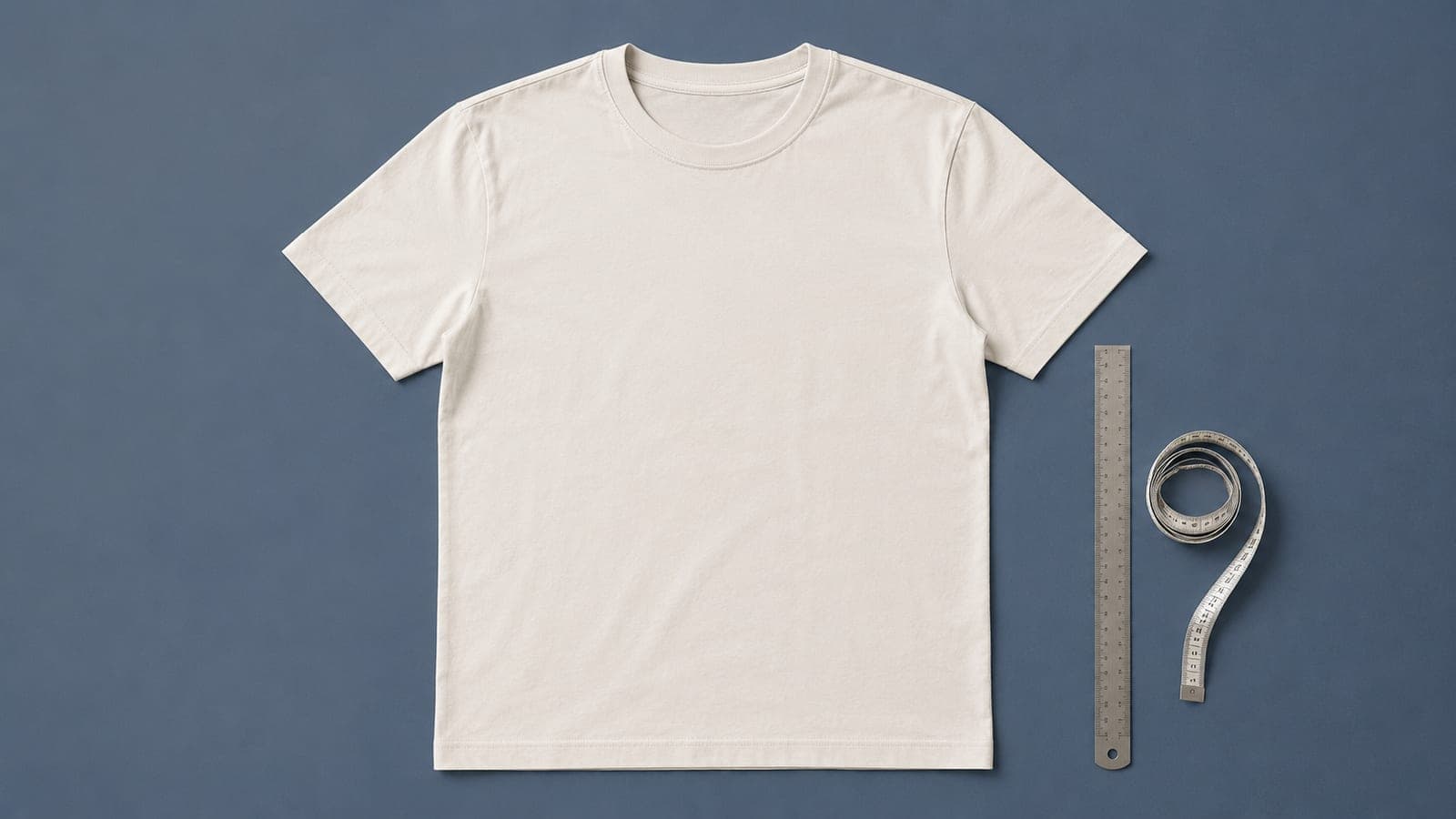 A t-shirt laid flat with a steel ruler and a coiled measuring tape beside it