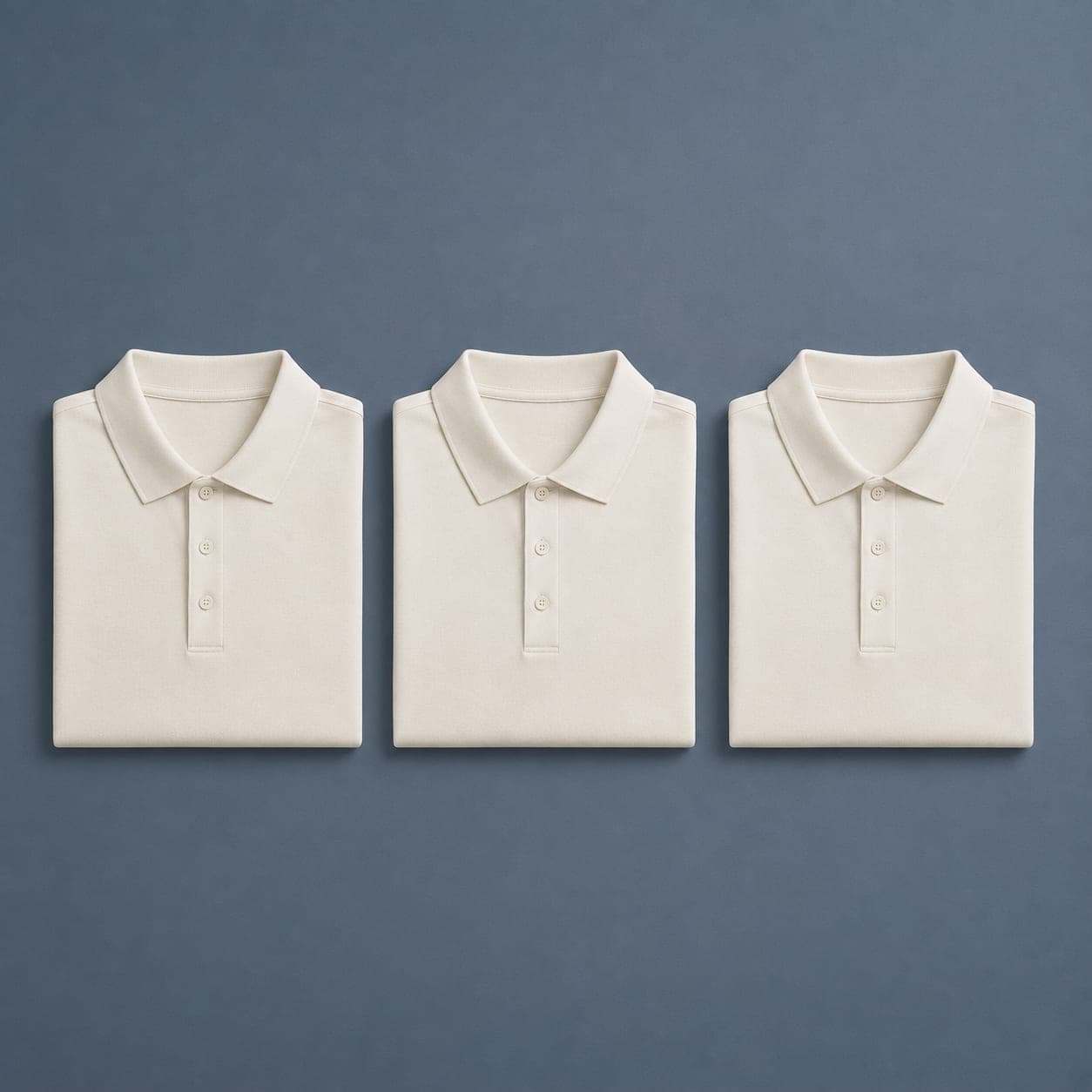 Three folded neutral polo shirts laid in a row